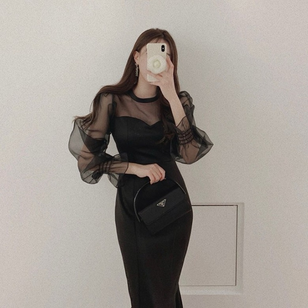 AOKADA Elegant Black Sheer Sleeve Dress